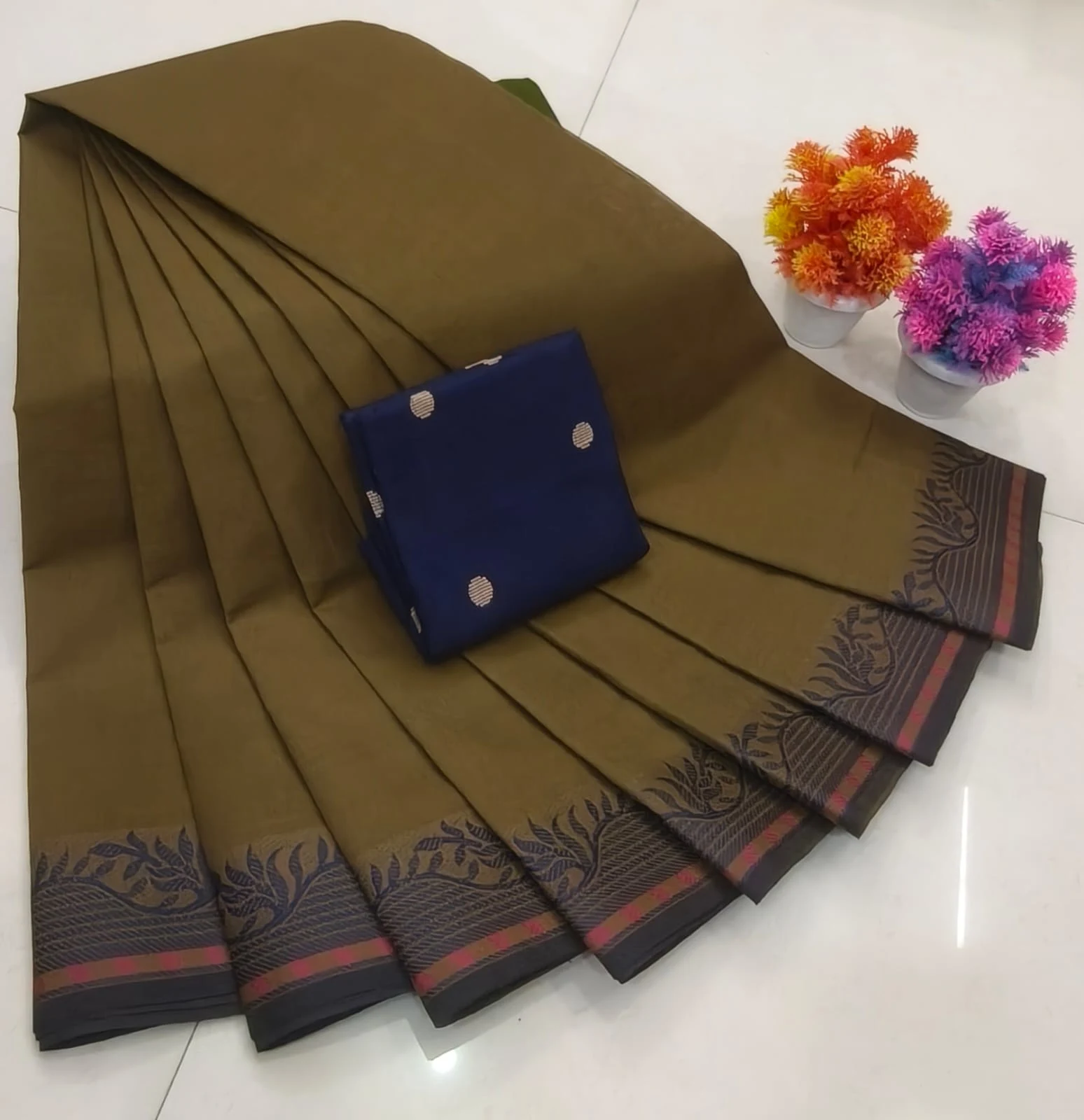 Bronze Gold with Black border and Coral Pink Accent Stripe Chettinad Cotton Saree